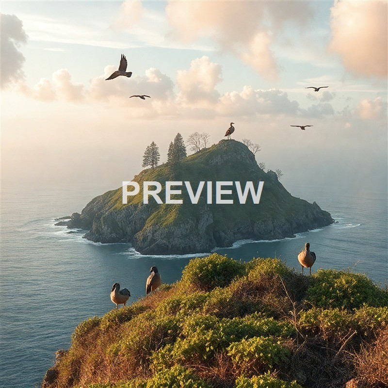 An island with a rocky base and grassy top is surrounded by the ocean, with several birds perched on the island and flying in the sky, under a partly cloudy sky during sunset or sunrise.